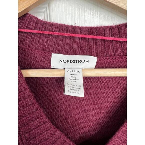 Nordstrom Wool Poncho Sweater One Size Burgundy Wine V-Neck Cable Knit Cashmere - Picture 7 of 11
